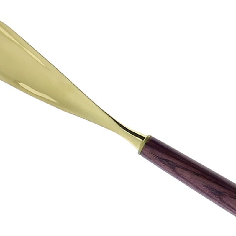 Shoehorn and back-scratcher in ash wood, purple color and in brass and zinc