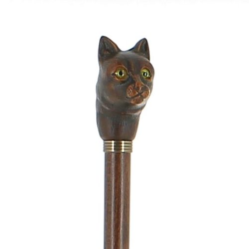Chat en résine sur bâton en hêtre teinté foncé