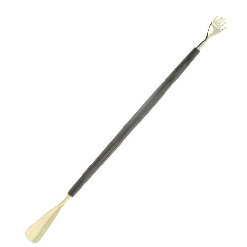 Back-scratcher shoehorns in brass and zinc, and dark ash wood